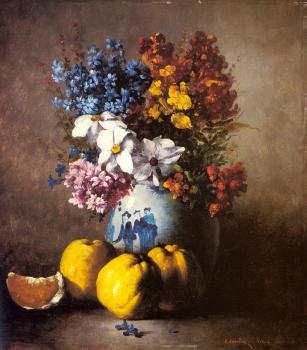 Germain Theodure Clement Ribot : A Still Life With A Vase Of Flowers And Fruit